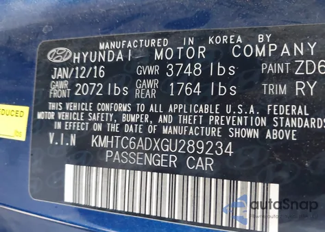 2016 Hyundai Veloster z USA, uszkodzony, nr VIN KMHTC6ADXGU289234